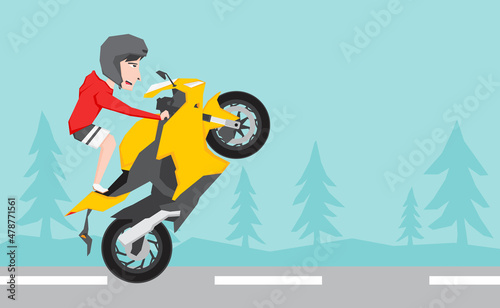 An illustration of a man riding motorsport and doing some wheelie 