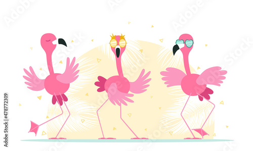 Funny dancing flamingos in sunglasses.