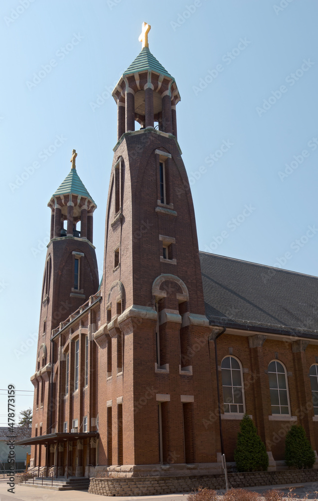 church towers and entrance of art nouveau style architecture in saint paul