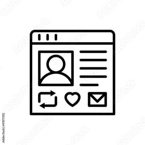 Social network thin line icon. Modern vector illustration of personal web page with repost sign, heart, message.