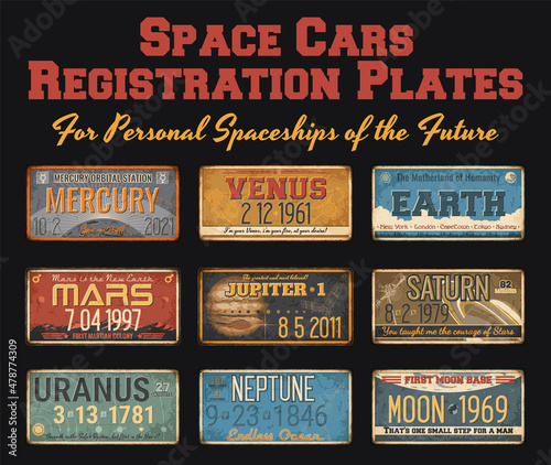 Space Cars Registration Plates for Personal Spaceships from the Future, Planets of Solar System, Rusty Frames