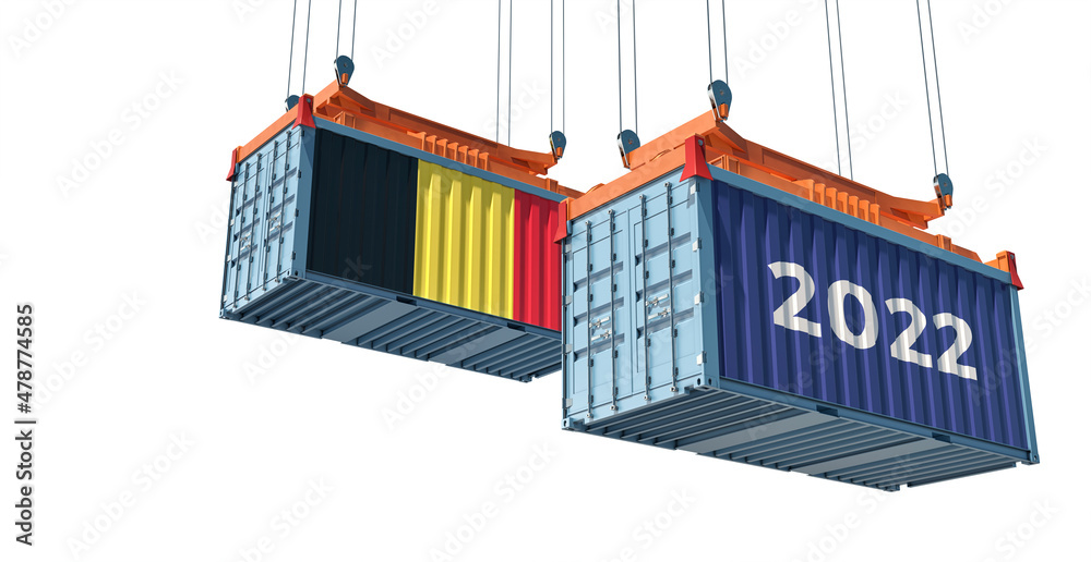 Trading 2022. Freight container with Belgium national flag. 3D Rendering 