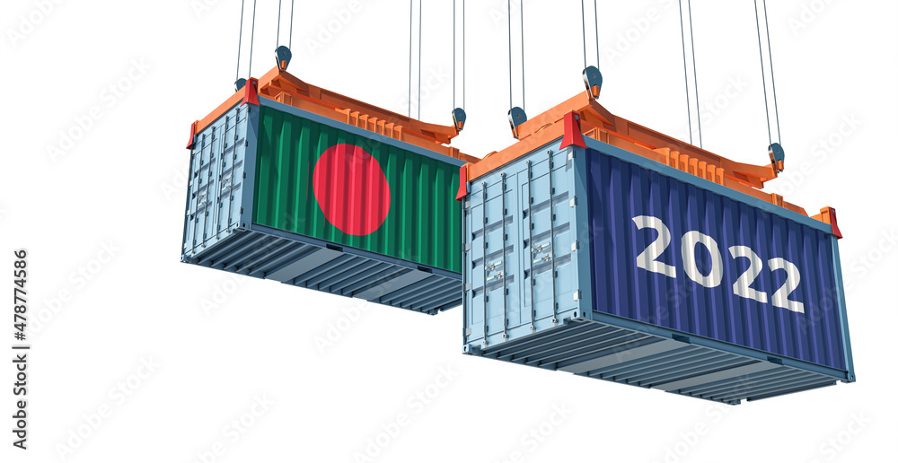 Trading 2022. Freight container with Bangladesh national flag. 3D Rendering 