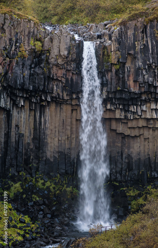 Picturesque waterfall Svartifoss (Icelandic for "black waterfall", surrounded by dark lava basalt columns) autumn view, Skaftafell National Park, Iceland.