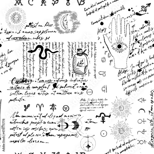 Abstract pattern in the style of an ancient manuscript of alchemical, esoteric, mystical symbols and unreadable handwritten scribbles. Background with astrological icons