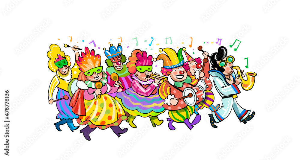Obraz premium Illustration of people with carnival costumes. Cartoon people dancing in carnival