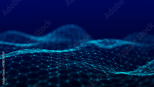 Futuristic blue hexagon dynamic wave. Futuristic honeycomb concept. Digital technology webflow. Big data visualization. 3D rendering.