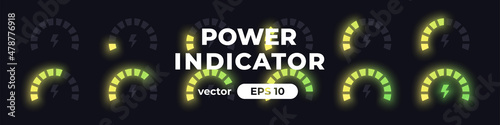 Energy meter. Power level indicator. Loading circle with percentage. Gauge concept with lightning icon. Animation. UI, User interface. Minimalistic template. Modern design. Vector illustration.