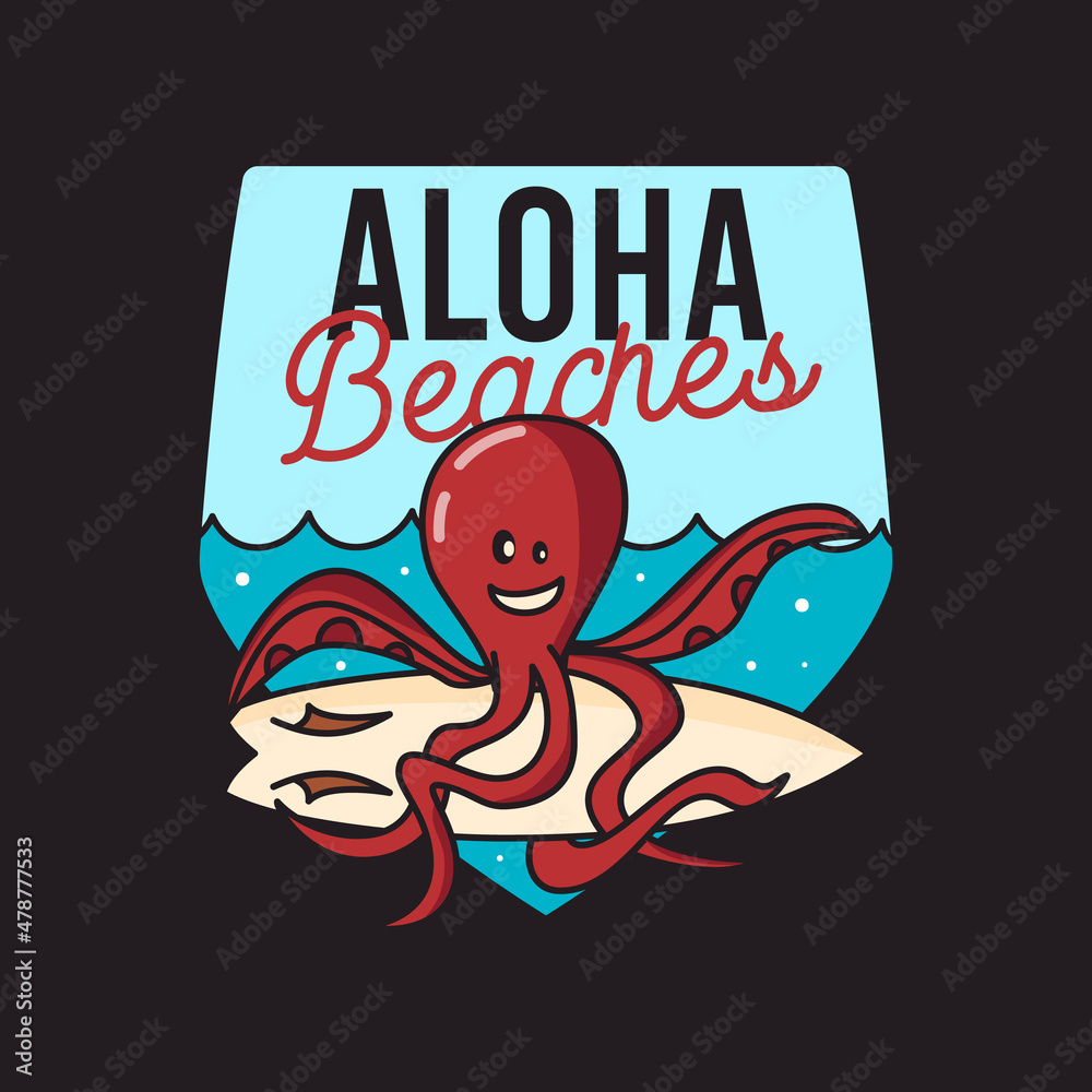 illustration of octopus with surfboard in sea. Print logo on black background