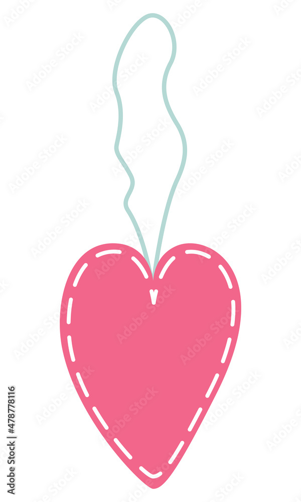 Textile handmade pink heart on a blue string for decor Textile handmade pink heart on a blue string for decor