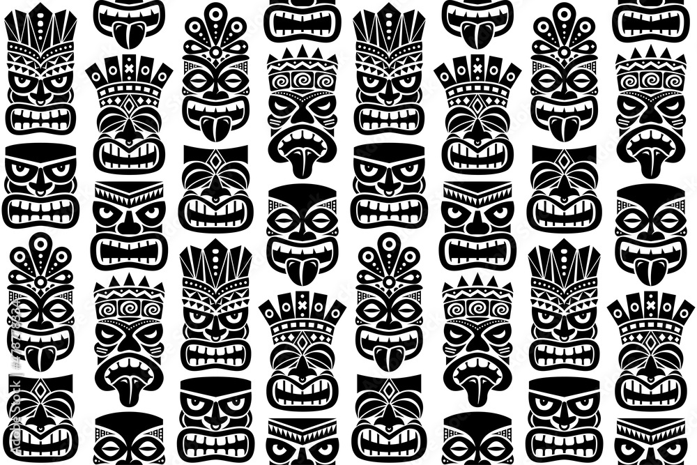 Tiki pole totem vector seamless pattern - traditional statue or mask repetitve design from Polynesia and Hawaii
 - obrazy, fototapety, plakaty 