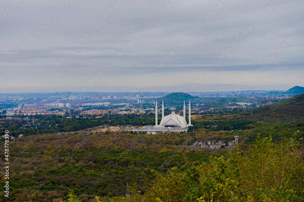 A beautiful view of Ionic Faisal Mosque from Margalla Hills Islamabad the capital city