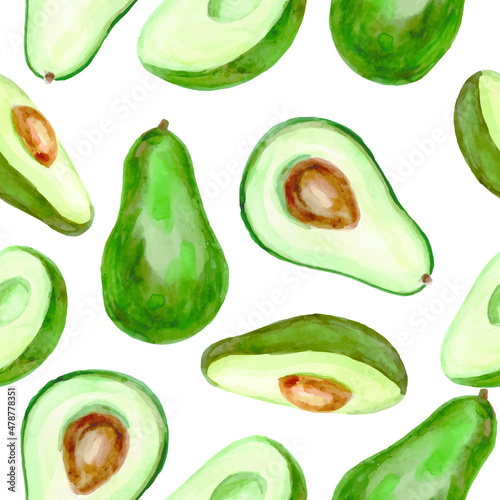 Avocado watercolor vector pattern. Seamless pattern of healthy food. Isolated elements on white background.