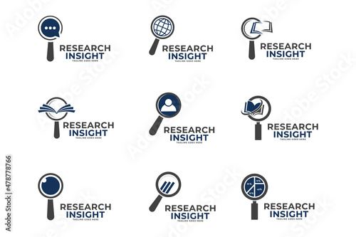 logo icon with concept of searching, reading, reviewing books. Illustrated with a magnifying glass and an open book.