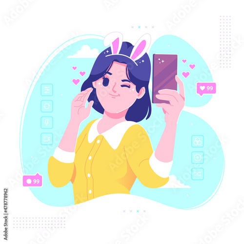 cute girl selfie with camera filter effect illustration