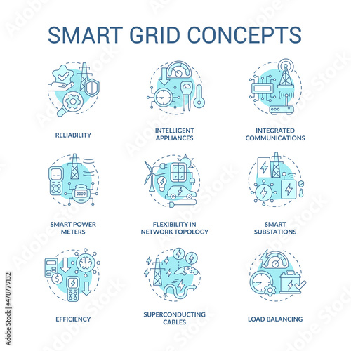 Smart grid turquoise concept icons set. Electric engineering. Intelligent power system idea thin line color illustrations. Isolated outline drawings. Roboto-Medium, Myriad Pro-Bold fonts used