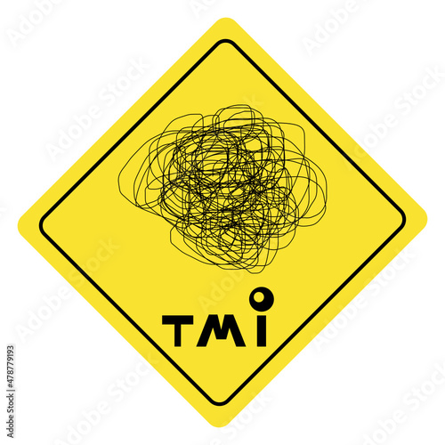 Warning yellow diamond shaped traffic sign about too much information, vector illustration, mental health concept photo