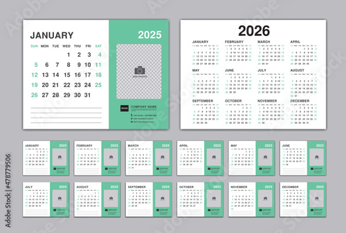 Calendar 2025 template, Desk Calendar planner 2025 and Set of 12 Months and calendar 2026 design, Wall calendar 2025 vector, Corporate design planner template, organization, printing, Green background
