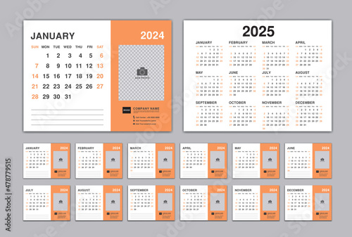 Calendar 2024 template, Desk Calendar planner 2024 and Set of 12 Months and calendar 2025 design, Wall calendar 2024 vector, Corporate design planner template, organization, printing,orange background