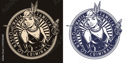 Flapper girl with gun round print