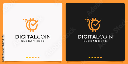 Digital coin concept logo design. Check mark template logo design. Vector premium.
