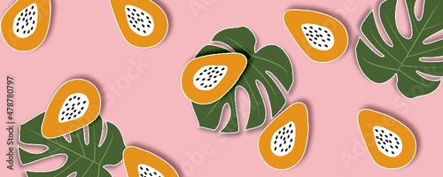 Papaya and monstera leaf background