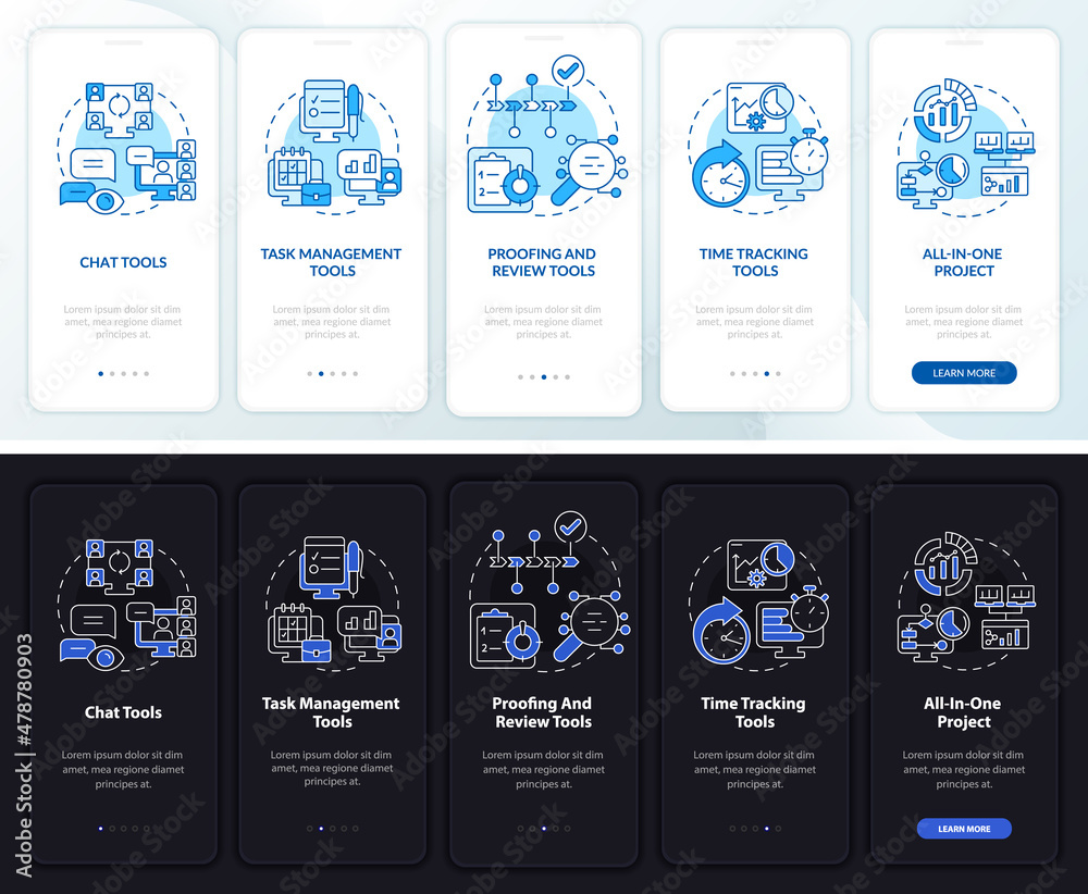 Business tools types night and day mode onboarding mobile app screen ...
