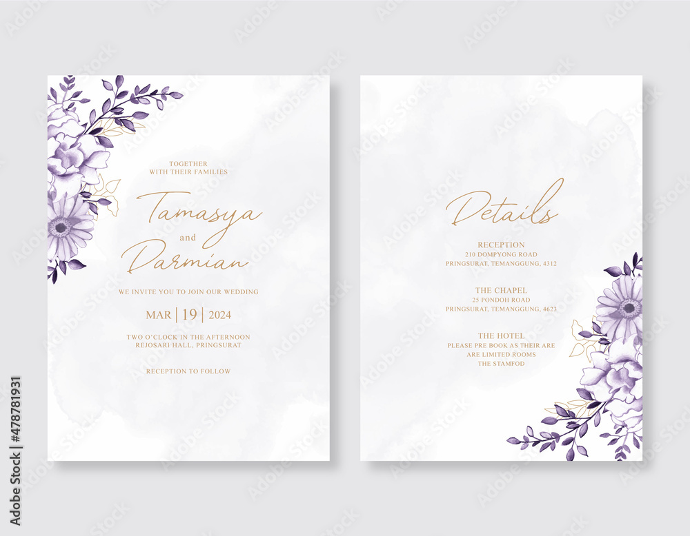 Elegant wedding invitation with purple floral watercolor