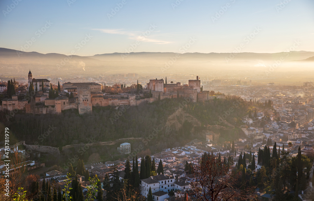 panoramic view of Alhambra,  Andalusia,  Granada in Spain