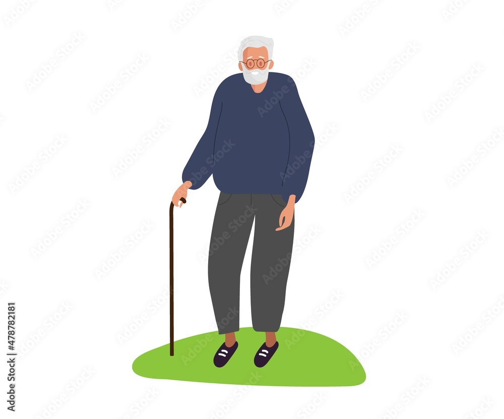 Smiling elderly Man. Senior man with beard with gray hair standing with walking cane. Mature Man. Mental health concept vector for elderly man. Colored flat cartoon vector illustration isolated Smiling elderly Man. Senior man with beard with gray hair standing with walking cane. Mature Man. Mental health concept vector for elderly man. Colored flat cartoon vector illustration isolated