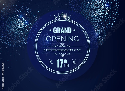 Grand opening background with fireworks and lights. Vector festive illustration in blue colors.
