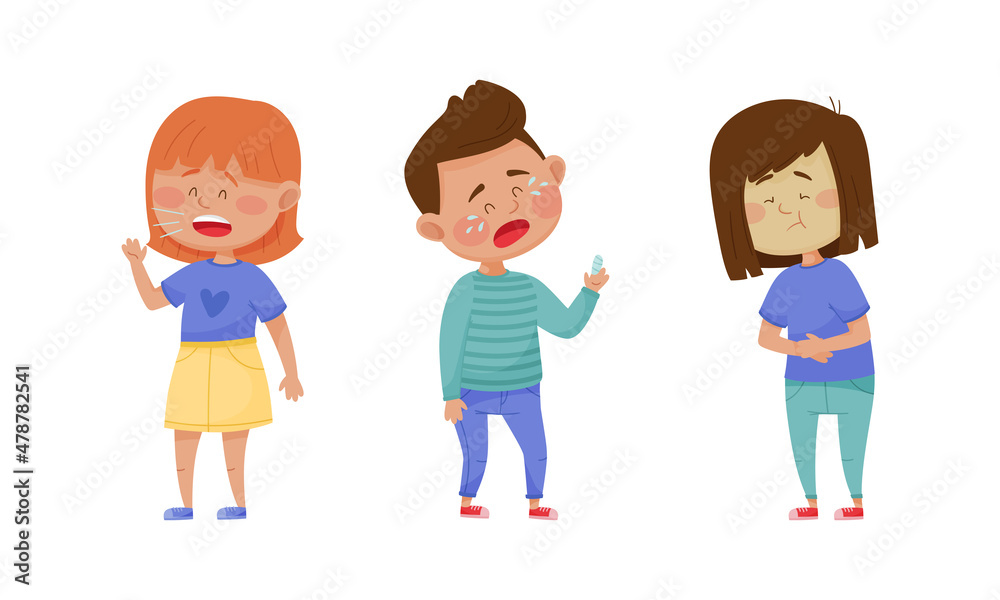 Sick Children Suffering from Common Disease Symptom Vector Set Sick Children Suffering from Common Disease Symptom Vector Set