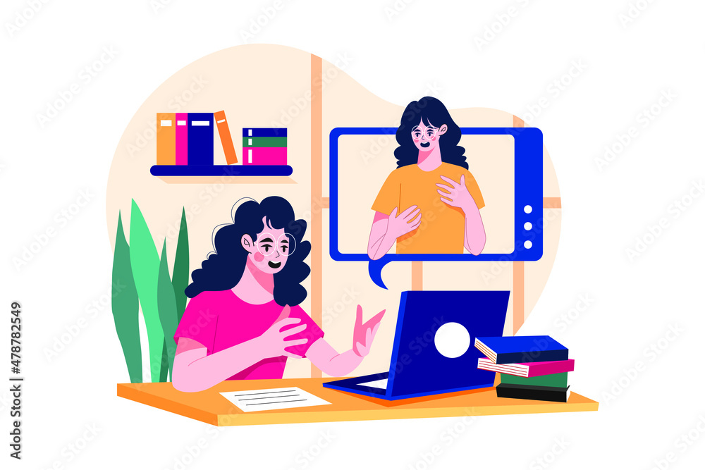 The woman learns communication skills in the online class The woman learns communication skills in the online class