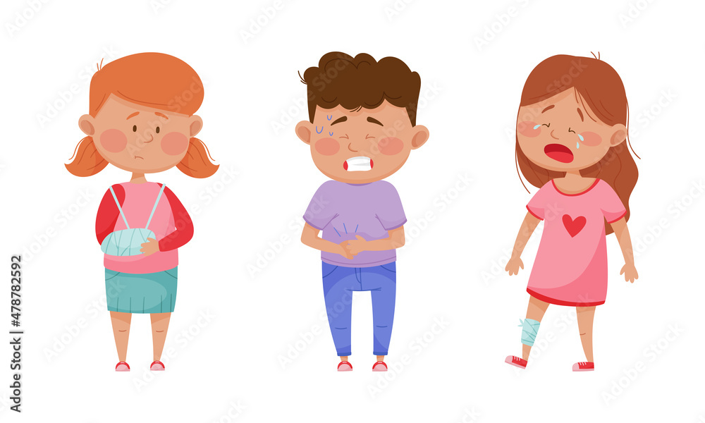 Sick Children Suffering from Common Disease Symptom Vector Set Sick Children Suffering from Common Disease Symptom Vector Set