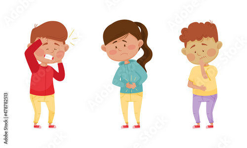 Sick Children Suffering from Common Disease Symptom Vector Set