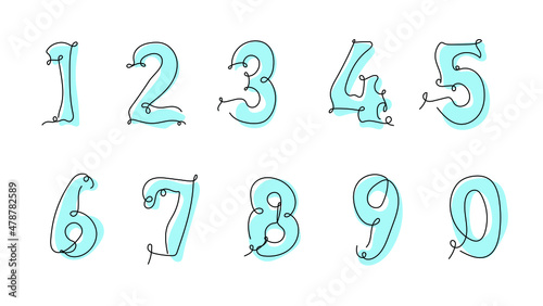 Set of ten numbers form zero to nine in line art style. One continuous line drawing. Vector illustration