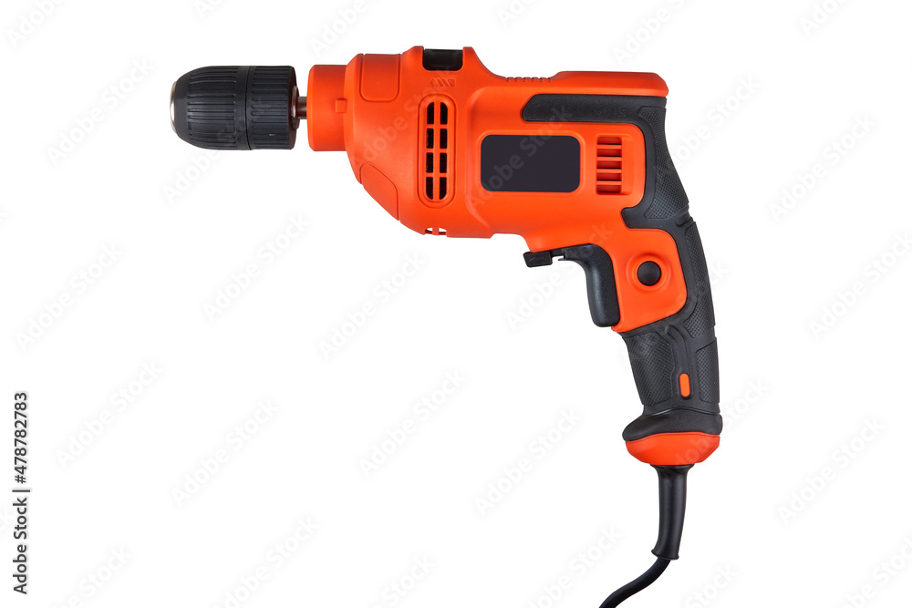 Orange electric drill with cable isolated on white Orange electric drill with cable isolated on white