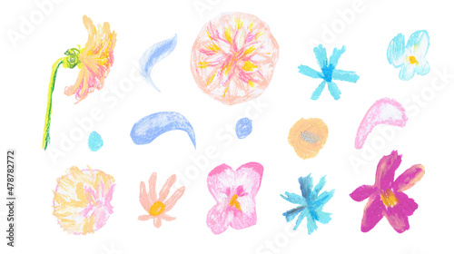 Set of spring flowers hand drawn wax crayons in children s style.Textured floral collection of illustrations with pastel pencils on white isolated background.Designs for packaging stickers banners.