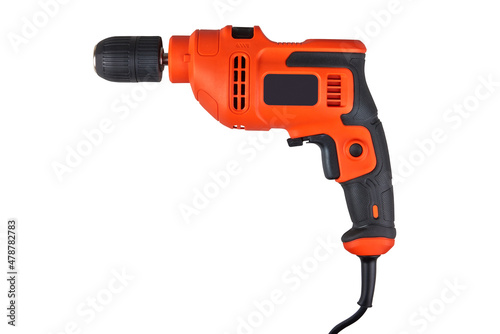 Orange electric drill with cable isolated on white