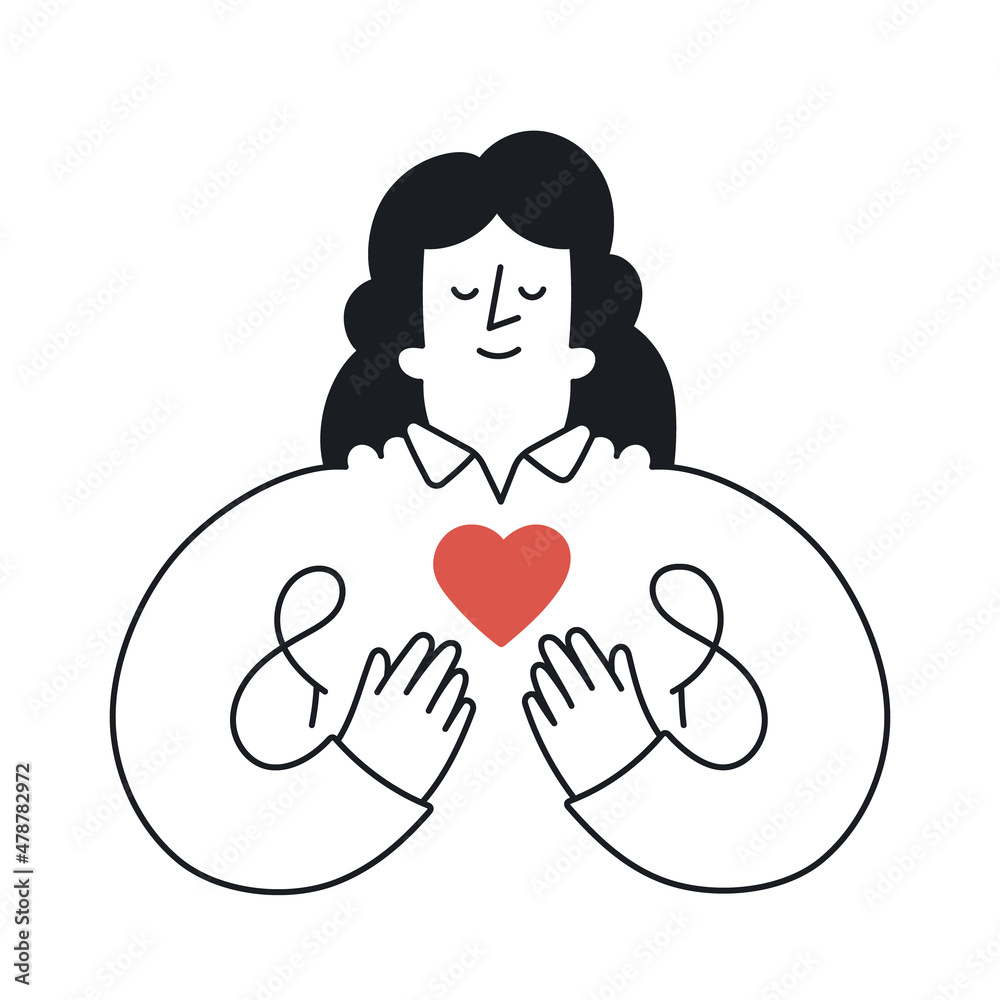 Woman holding a red heart. Outline, linear, thin line, doodle art. Simple style with editable stroke. Woman holding a red heart. Outline, linear, thin line, doodle art. Simple style with editable stroke.