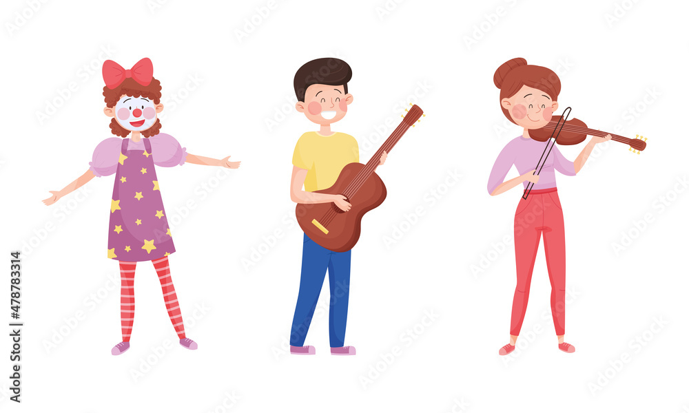 Street Performance with Man Artist Playing Guitar and Woman Clown Vector Set Street Performance with Man Artist Playing Guitar and Woman Clown Vector Set