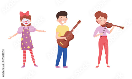 Street Performance with Man Artist Playing Guitar and Woman Clown Vector Set