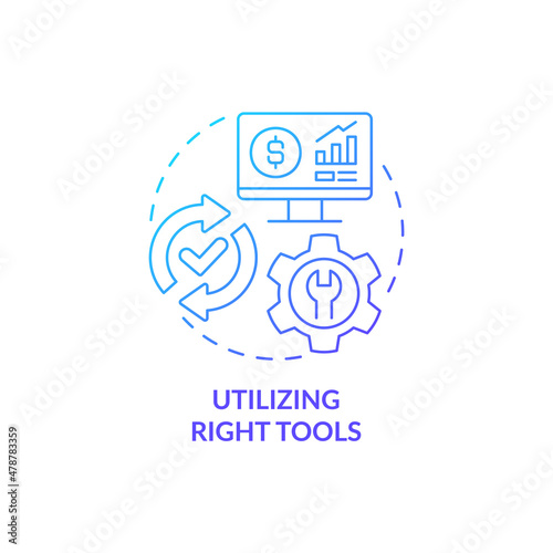 Utilizing right tools blue gradient concept icon. Computer program for budgeting abstract idea thin line illustration. Isolated outline drawing. Roboto-Medium, Myriad Pro-Bold fonts used