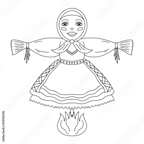 Traditional straw effigy in Slavic costume for Maslenitsa or Shrovetide, Russian pancake week festival carnival. Maslenitsa doll vector illustration in black outline isolated on white background