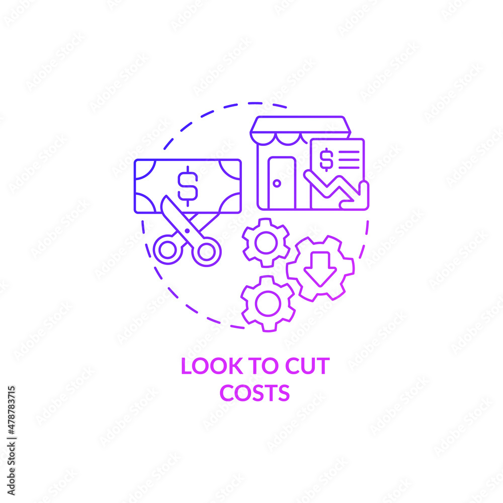 Look to cut costs purple gradient concept icon. Budgeting for small business abstract idea thin line illustration. Isolated outline drawing. Roboto-Medium, Myriad Pro-Bold fonts used Look to cut costs purple gradient concept icon. Budgeting for small business abstract idea thin line illustration. Isolated outline drawing. Roboto-Medium, Myriad Pro-Bold fonts used