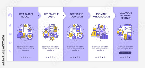 Startup budgeting purple and white onboarding template. Business plan. Responsive mobile website with linear concept icons. Web page walkthrough 5 step screens. Lato-Bold, Regular fonts used
