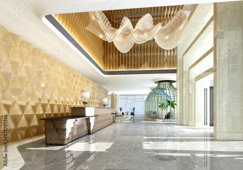 3d render of luxury hotel reception and lobby