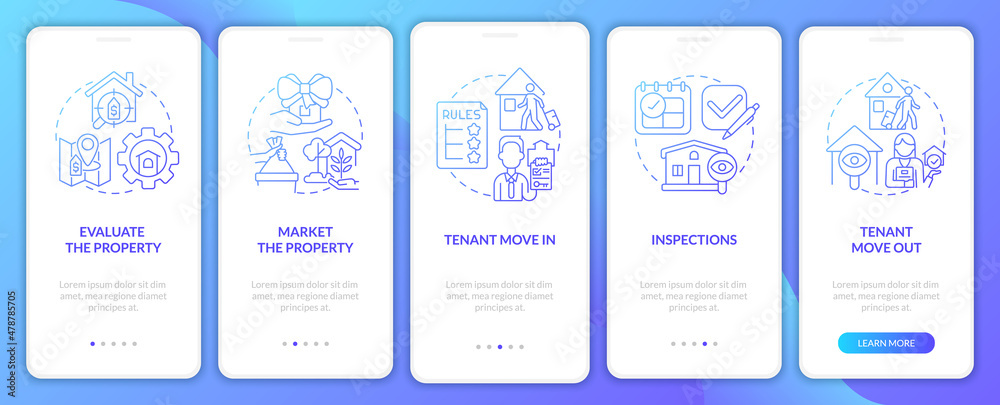 Property operations blue gradient onboarding mobile app screen. Realty walkthrough 5 steps graphic instructions pages with linear concepts. UI, UX, GUI template. Myriad Pro-Bold, Regular fonts used
