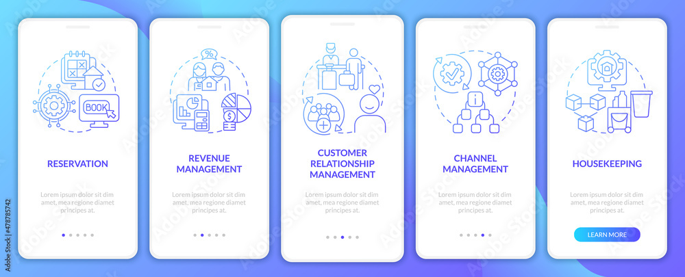 Realty management module blue gradient onboarding mobile app screen. Tech walkthrough 5 steps graphic instructions pages with linear concepts. UI, UX, GUI template. Myriad Pro-Bold, Regular fonts used