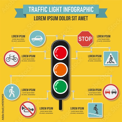 Infographic traffic light road sign in Cartoon with symbol in yellow, red, and green color. stop, warning, and go sign, perfect for Illustration Vector Graphic presentation, campaign, and poster